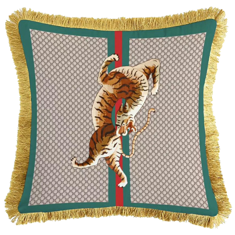 Декоративная подушка Cтиль Gucci Tiger Серый Зеленый Оранжевый Золотой в Перми | Loft Concept 