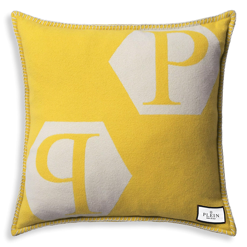 Подушка Philipp Plein Cushion Cashmere PP Logo 65 x 65 Yellow Белый Желтый в Перми | Loft Concept 