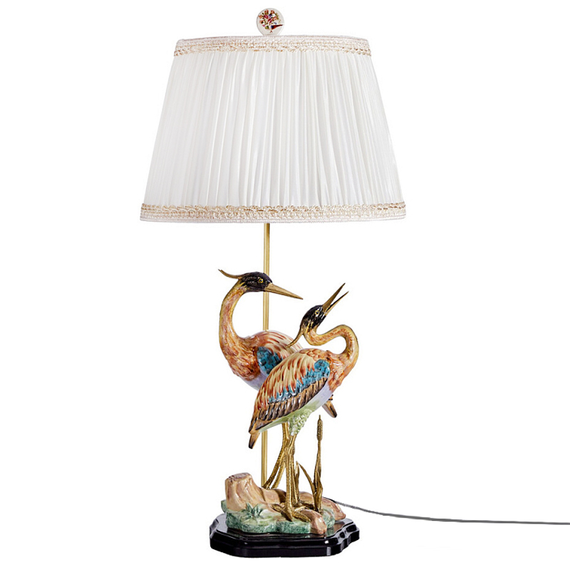Настольная лампа с абажуром и основанием в виде двух цапель Porcelain Heron Lamp Белый Мульти Бронза в Перми | Loft Concept 