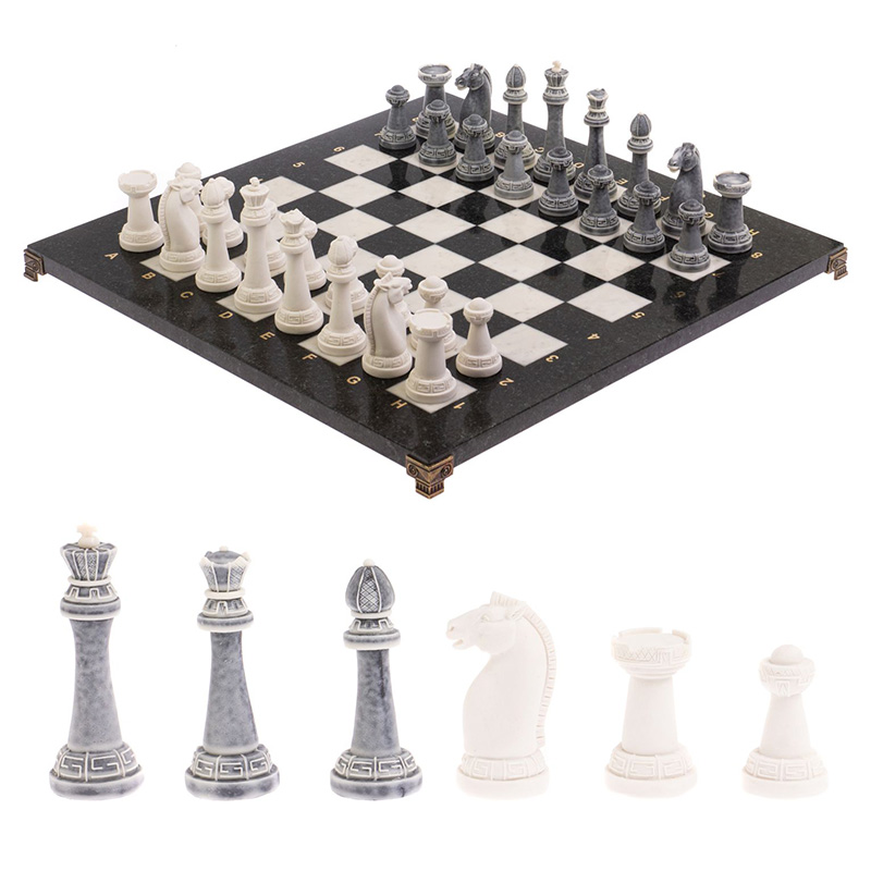 Шахматы Стаунтон с доской из натуральных камней Decorative Thematic Chess  Черный Серый Белый Золотой в Перми | Loft Concept 