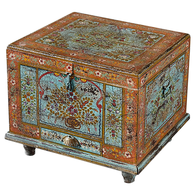 Сундук ручная роспись Harsh Antique Indian Painted Chest Мульти Бирюзовый Оранжевый в Перми | Loft Concept 