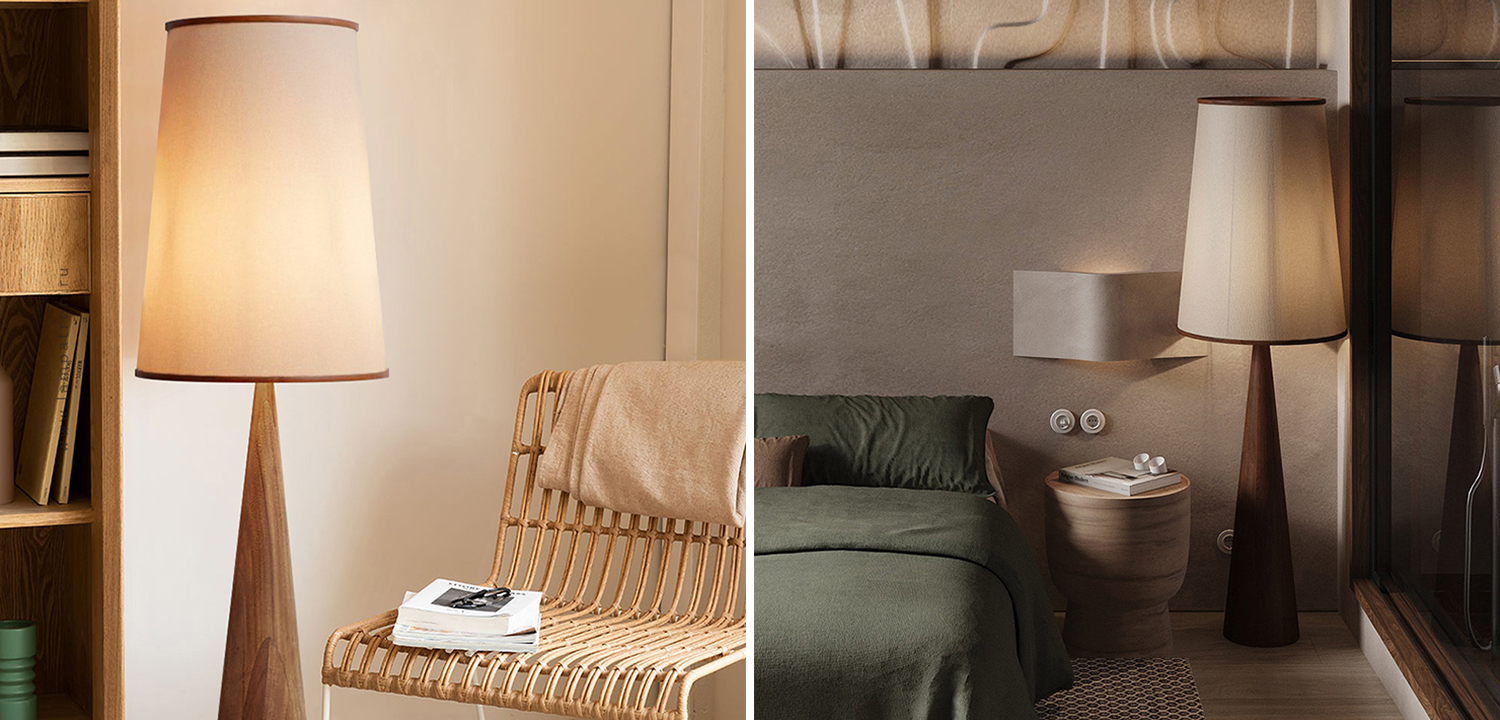 Напольный светильник с трапециевидным текстильным абажуром на коническом основании из цельного дерева SARAS - фото