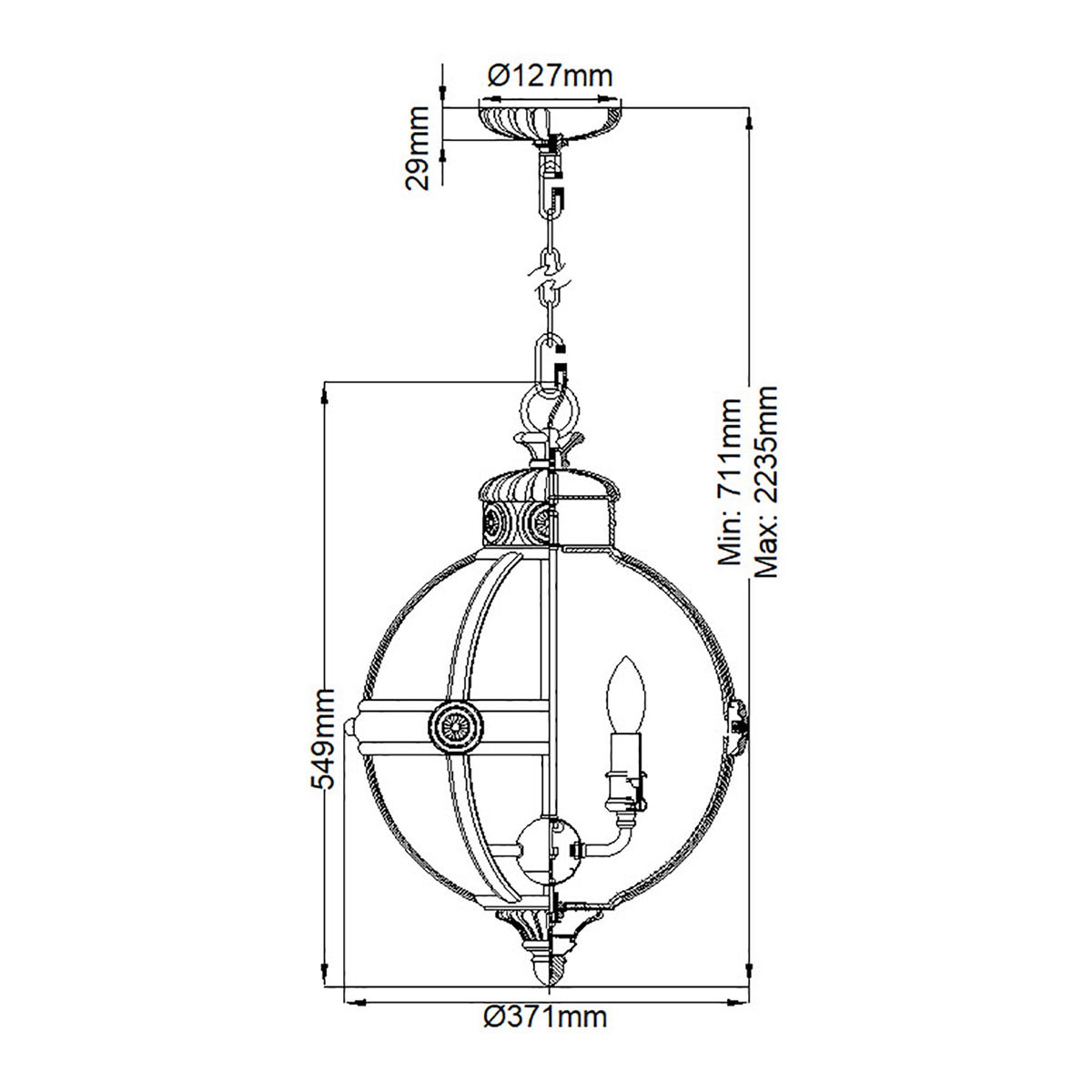 Подвесной светильник с прозрачным стеклянным плафоном в форме шара цвета никеля в индустриальном стиле на цепи 3 лампы Feiss в Перми