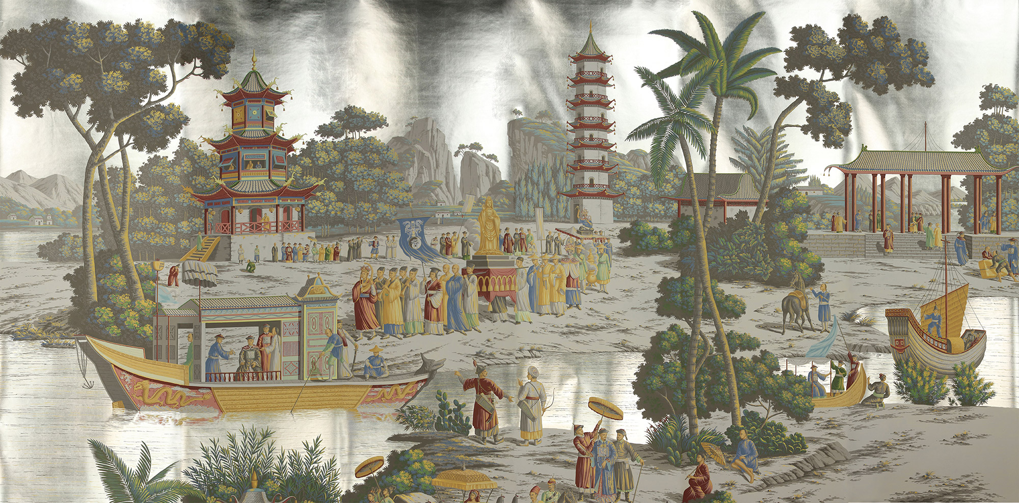 Обои ручная роспись Procession Chinoise Special Colourway on White Metal gilded paper Обои ручная роспись Procession Chinoise Special Colourway on White Metal gilded paper - постер Loft-Concept в Перми