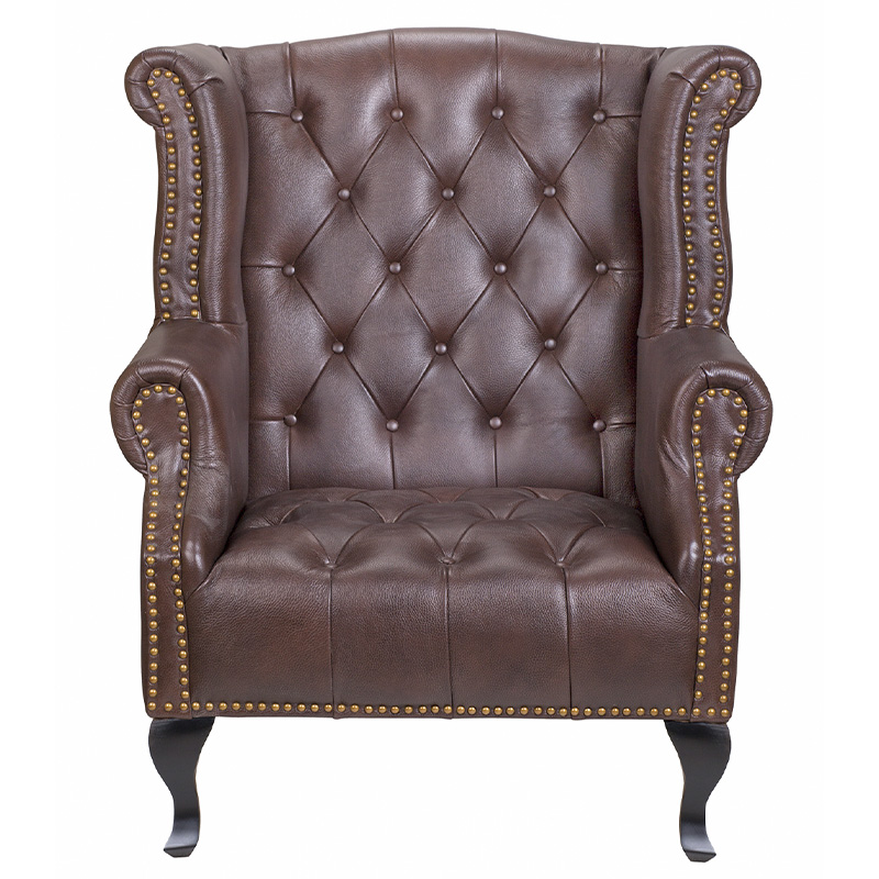 Кресло из натуральной кожи на 4-х деревянных ножках из массива бука Thomas Armchair brown Коричневый Черный в Перми | Loft Concept 