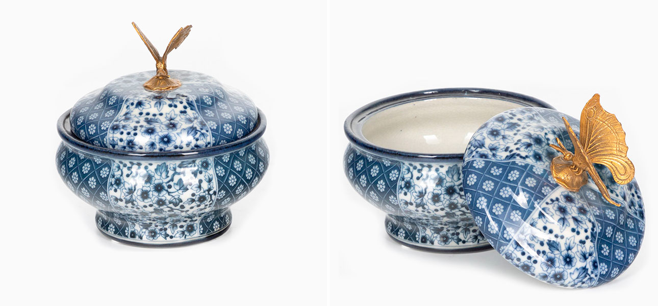 Шкатулка c крышкой фарфоровая с синим орнаментом Bronze Butterfly - фото