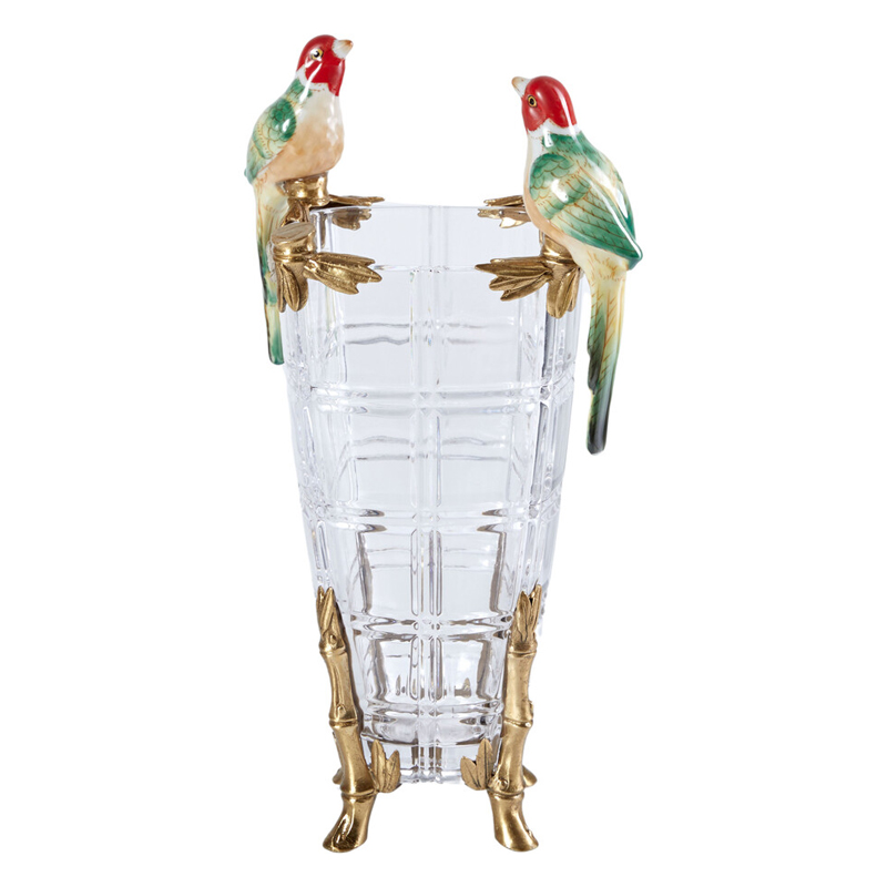 Ваза из прозрачного стекла с бронзовыми ножками и фигурками попугаев Eden Garden porcelain and bronze Прозрачное Стекло Бронза Мульти Ваза из прозрачного стекла с бронзовыми ножками и фигурками попугаев Eden Garden porcelain and bronze Прозрачное Стекло Бронза Мульти в Перми | Loft Concept