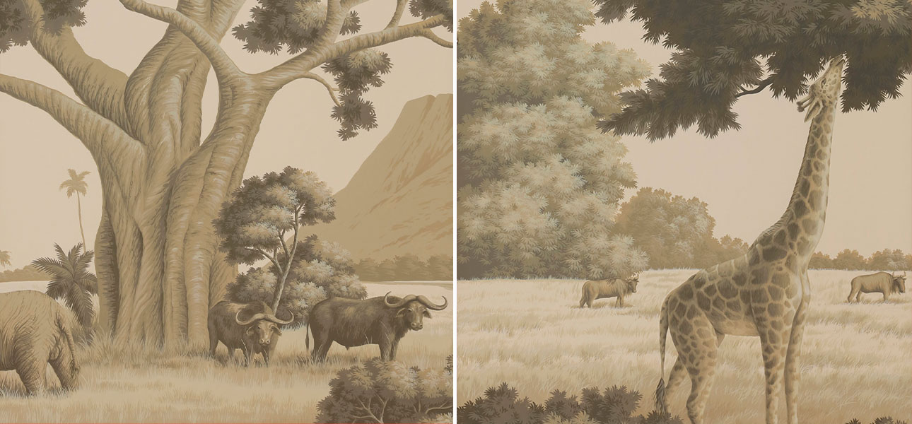 Обои ручная роспись African Savannah Terre Fonce on scenic paper - фото