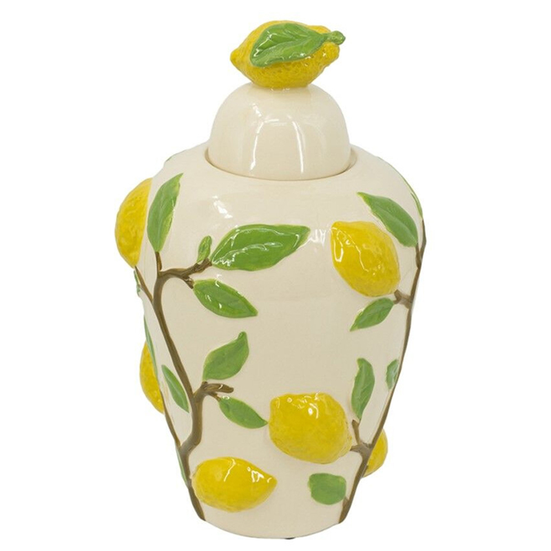 Ваза с крышкой кремового цвета и объемным рисунком лимонов и листьев Lemon Delight Кремовый Желтый Коричневый Зеленый Ваза с крышкой кремового цвета и объемным рисунком лимонов и листьев Lemon Delight Кремовый Желтый Коричневый Зеленый в Перми | Loft Concept