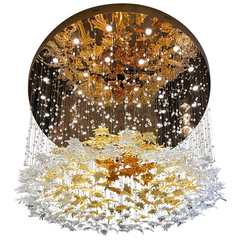 Большая круглая люстра с подвесками в виде листьев Amber Leaf Fall Light Chandelier Латунь Прозрачный Янтарный Большая круглая люстра с подвесками в виде листьев Amber Leaf Fall Light Chandelier Латунь Прозрачный Янтарный в Перми | Loft Concept