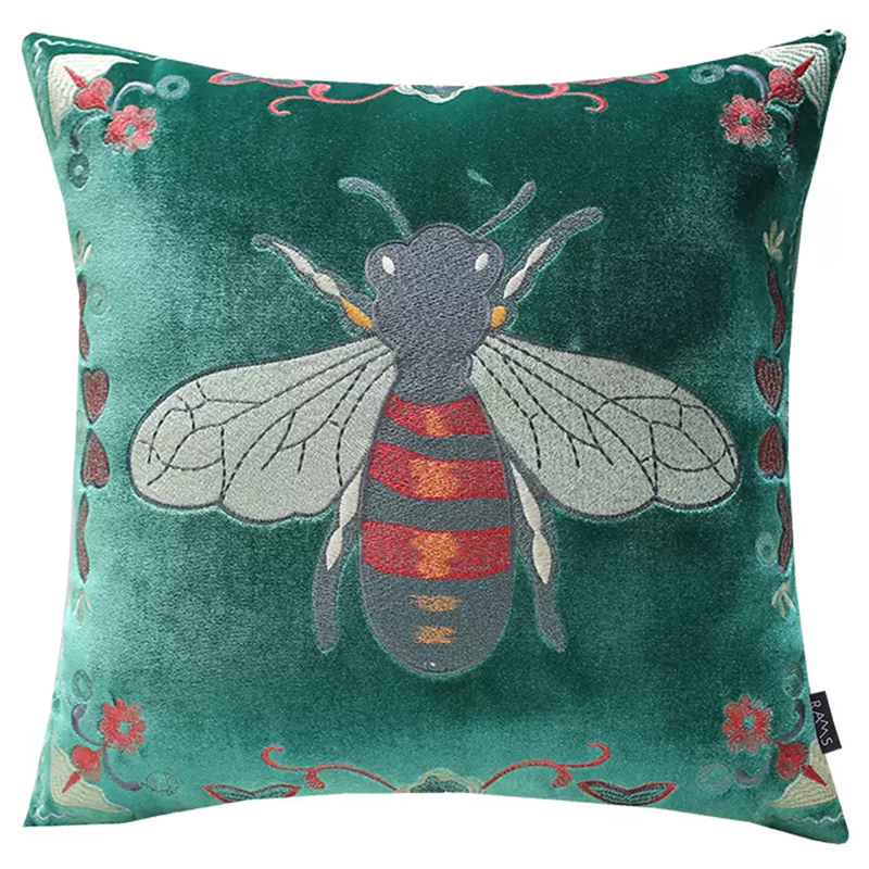 Декоративная подушка с вышивкой Пчела Стиль Gucci Bee Pillow Зеленая Мульти Зеленый в Перми | Loft Concept 