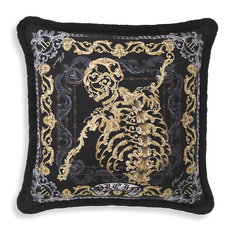 Подушка Philipp Plein Cushion Silk Skeleton 50 x 50 cm Черный Серый Золотой в Перми | Loft Concept 