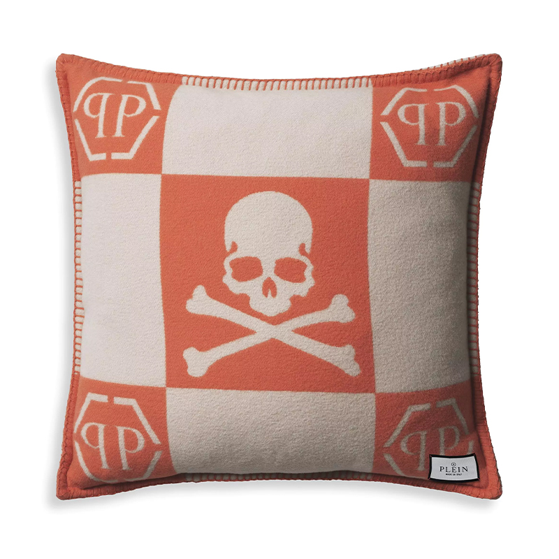 Подушка Philipp Plein Cushion Cashmere Skull 45 x 45 Orange Оранжевый Белый в Перми | Loft Concept 