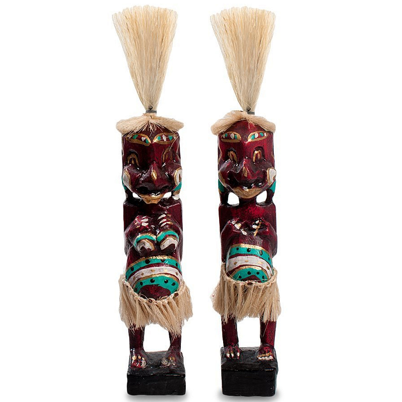 Комплект из 2-х деревянных статуэток Asmat Straw Headdress Statuettes Red Turquoise Tattoo Красный Бежевый Бирюзовый Белый в Перми | Loft Concept 