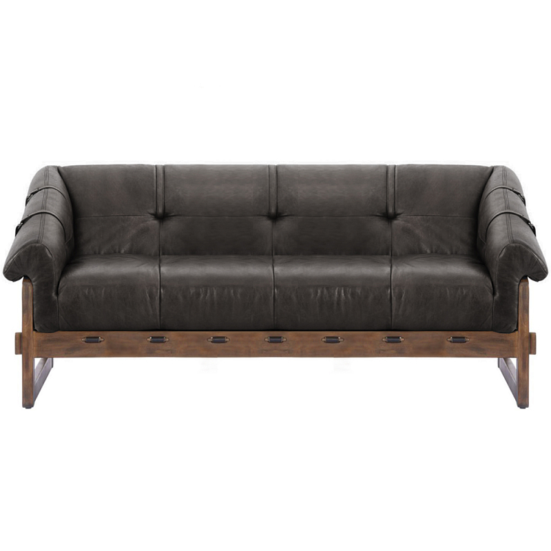 Трехместный диван Duncan винтажная черная кожа Черный Коричневый в Перми | Loft Concept 