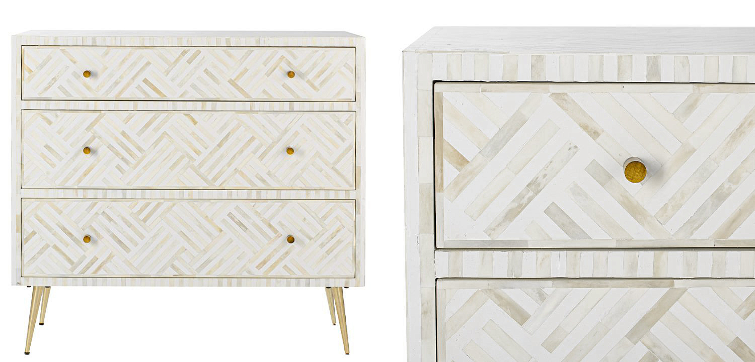 Комод инкрустация костью White Indian Bone Inlay 3 drawer Белый Комод инкрустация костью White Indian Bone Inlay 3 drawer Белый - Loft-Concept в Перми