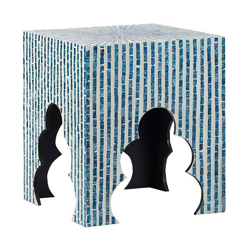 Приставной столик с инкрустацией раковинами устриц Bone Inlay Белый Синий в Перми | Loft Concept 