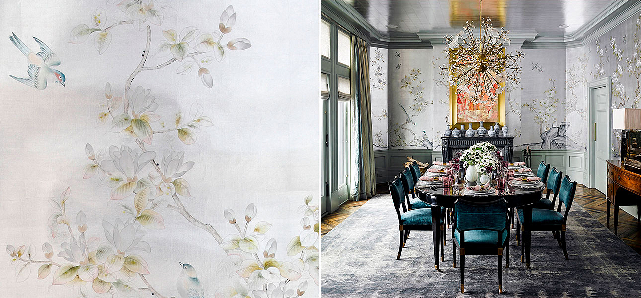 Обои ручная роспись Japanese Garden Special Colourway on Ocean Silver gilded silk Обои ручная роспись Japanese Garden Special Colourway on Ocean Silver gilded silk - Loft-Concept в Перми