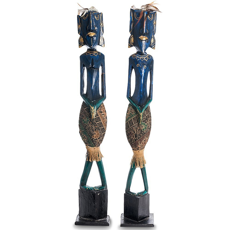 Комплект из 2-х деревянных статуэток Asmat Tall Statuettes Blue Green Синий Зеленый Мульти в Перми | Loft Concept 