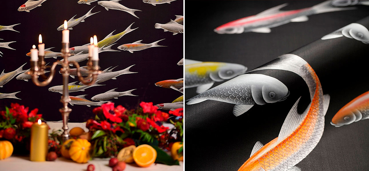Обои ручная роспись Fishes Koi on Pitch dyed silk Обои ручная роспись Fishes Koi on Pitch dyed silk - Loft-Concept в Перми