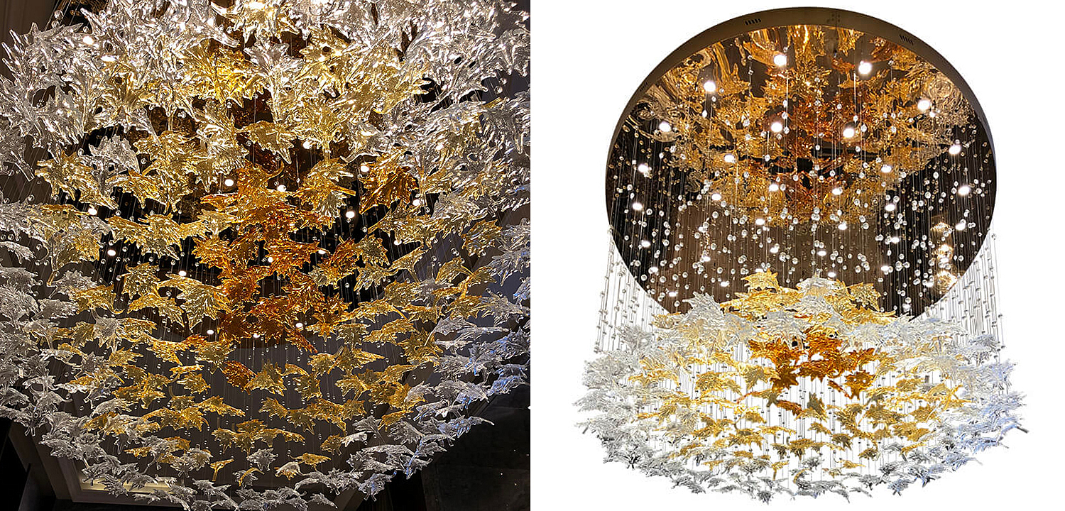 Большая круглая люстра с подвесками в виде листьев Amber Leaf Fall Light Chandelier Большая круглая люстра с подвесками в виде листьев Amber Leaf Fall Light Chandelier - Loft-Concept в Перми
