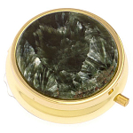 Таблетница карманная круглая с 3-мя отделениями и накладкой из натурального камня Серафинит Gold Stone Pillboxes варинант исполнения - 1 | Loft Concept в Перми