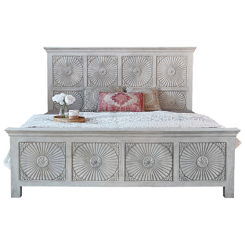 Двуспальная кровать из массива манго с резьбой Olan Grey Mango Bed Светло-бежевый в Перми | Loft Concept 