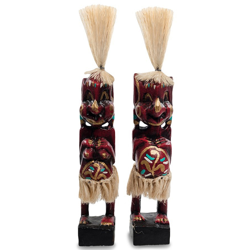 Комплект из 2-х деревянных статуэток Asmat Straw Headdress Statuettes Red Tattoo Красный Бежевый Золотой Мульти в Перми | Loft Concept 