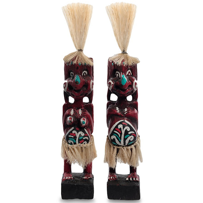 Комплект из 2-х деревянных статуэток Asmat Straw Headdress Statuettes Red Turquoise Красный Бежевый Бирюзовый Белый Мульти в Перми | Loft Concept 