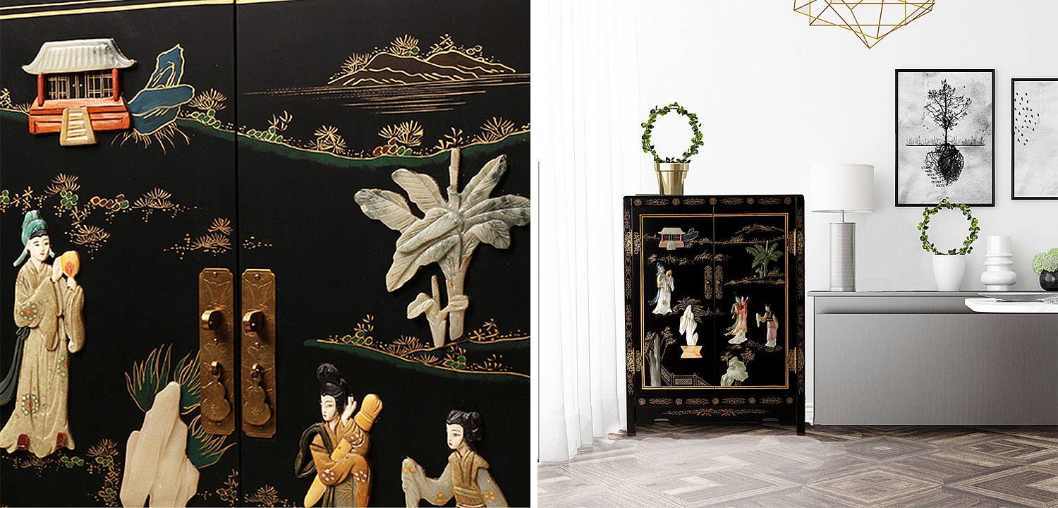 Черный Двухдверный Комод в Китайском стиле с каменным Барельефом Black Chinese Chest of drawers Черный Двухдверный Комод в Китайском стиле с каменным Барельефом Black Chinese Chest of drawers - Loft-Concept в Перми