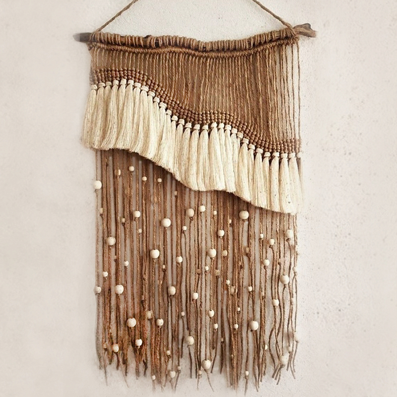 Дизайнерское Панно Дюна Макраме из нитей и бусин Wall Panel Dune Светло-бежевый Коричневый в Перми | Loft Concept 