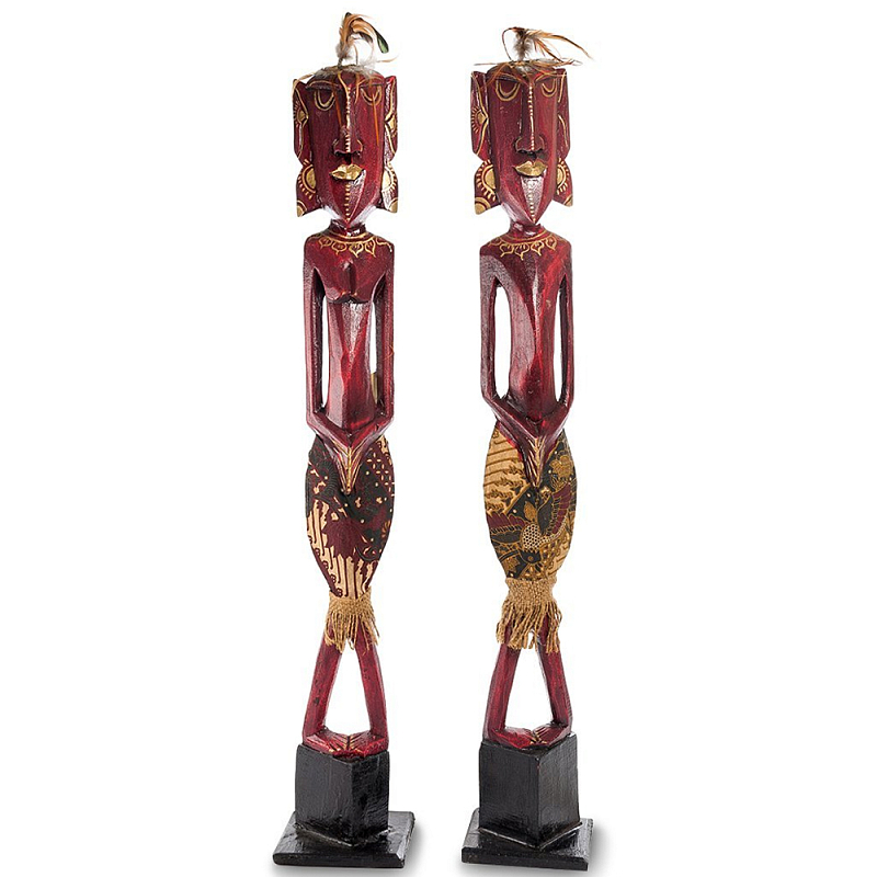 Комплект из 2-х деревянных статуэток Asmat Tall Red Statuettes Красный Золотой Черный в Перми | Loft Concept 