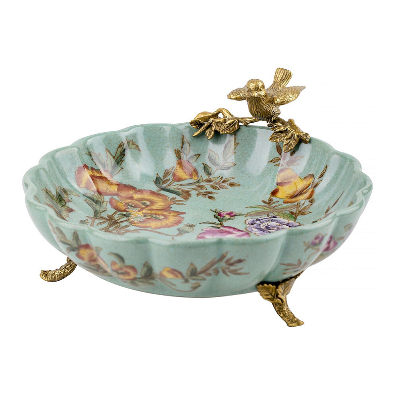 Блюдо из голубого фарфора с бронзовой птичкой Blue Garden Голубой Бронза Мульти в Перми | Loft Concept 