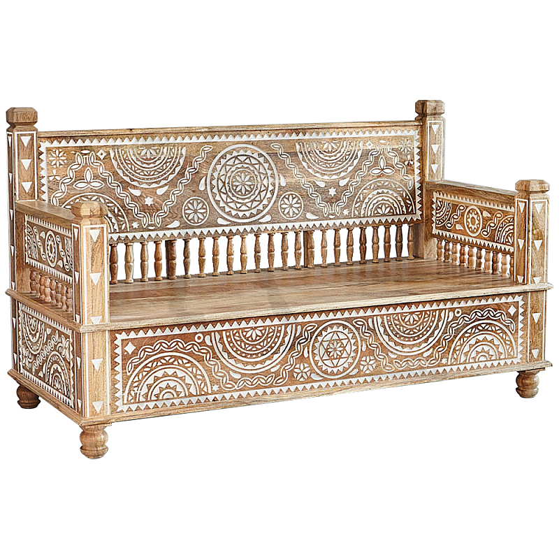 Скамья с резным декором из массива манго Grey Mango Collection Bench M Древесина Белый Скамья с резным декором из массива манго Grey Mango Collection Bench M Древесина Белый в Перми | Loft Concept