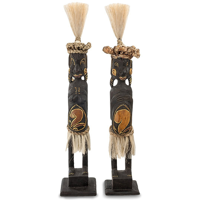 Комплект из 2-х статуэток из массива албезии Asmat Statuettes Albesia Черный Коричневый Бежевый в Перми | Loft Concept 