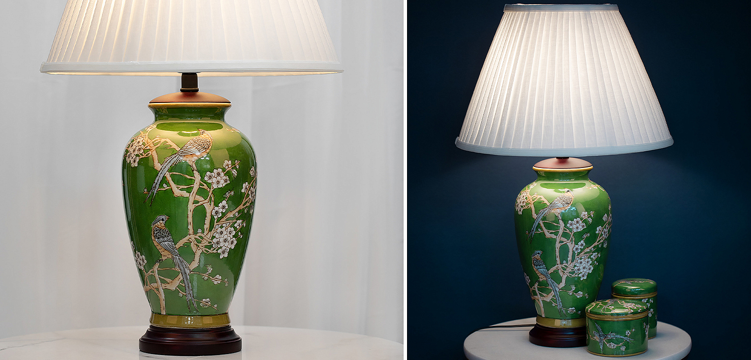 Настольная лампа с абажуром Birds Green Chinoiserie Lampshade Настольная лампа с абажуром Birds Green Chinoiserie Lampshade - Loft-Concept в Перми