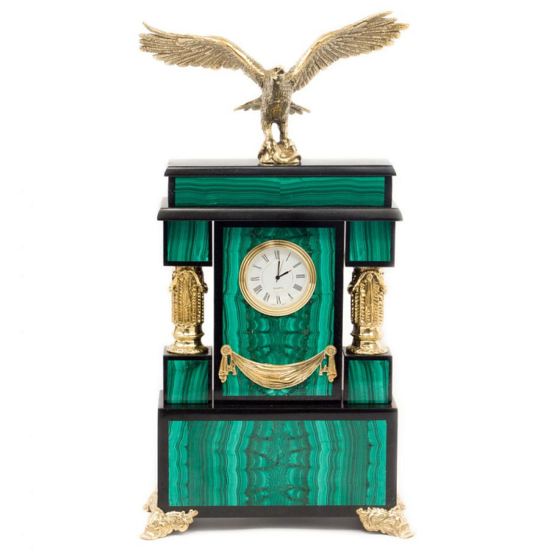 Часы настольные из натурального камня Малахит с декором в виде орла Eagle Stone Clock Малахит Золотой Черный в Перми | Loft Concept 