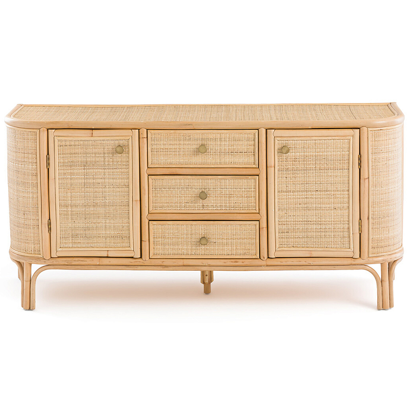 Длинный комод из ротанга с дверцами и ящиками Simone Rattan Chest of Drawers Древесина Латунь в Перми | Loft Concept 