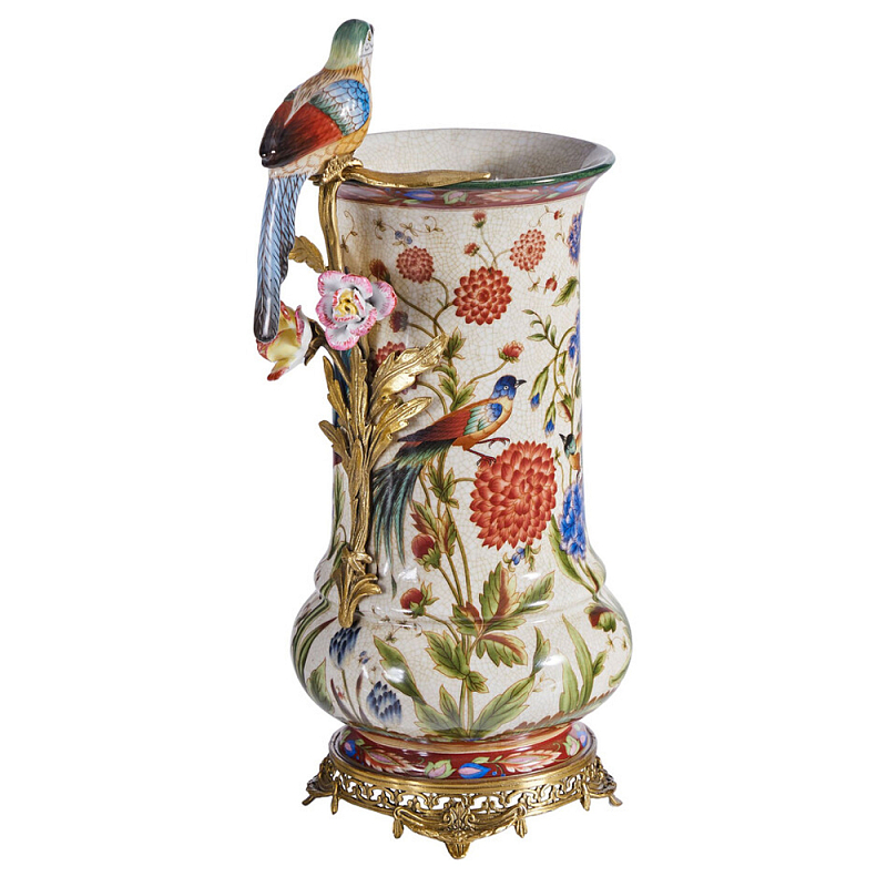 Ваза фарфоровая с птицей на бронзовой ветке и цветочной росписью Garden of Eden Бронза Мульти в Перми | Loft Concept 