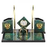 Настольный письменный набор из змеевика с часами и гербом Successful Leader варинант исполнения - 1 | Loft Concept в Перми