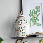 Ваза белая с крышкой с рисунком зеленых и золотых листьев 40 см Chinoiserie Ceramics варинант исполнения - 4 | Loft Concept в Перми