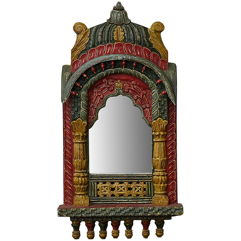 Настенное зеркало в резной раме из тропического дерева Carved Wood Mirror Colorful Красный Зеленый Желтый в Перми | Loft Concept 