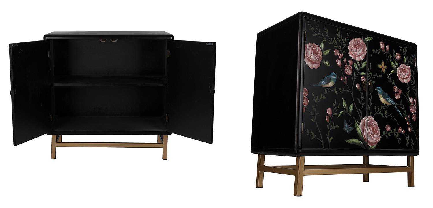 Комод с росписью птицы и цветы Black Chest Of Drawers Peonies Черный Комод с росписью птицы и цветы Black Chest Of Drawers Peonies Черный - Loft-Concept в Перми