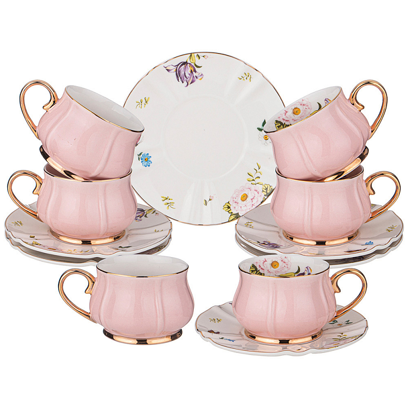 Чайный набор из фарфора на 6 персон 12 предметов Tea Porcelain Set Белый Золотой Розовый в Перми | Loft Concept 