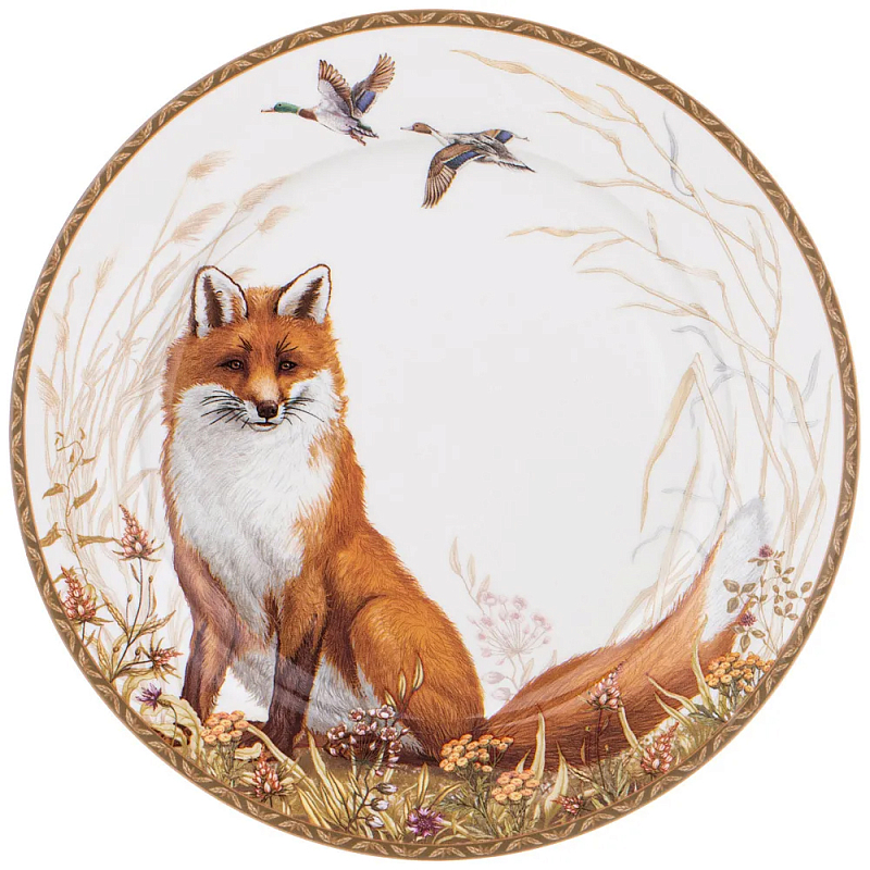 Тарелка закусочная из фарфора с изображением лисы Hunting Porcelain Collection Белый Коричневый Мульти в Перми | Loft Concept 