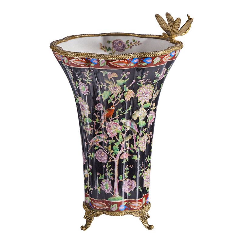 Ваза из фарфора черная с цветочной росписью и бронзовой стрекозой Spring Garden Бронза Мульти Черный в Перми | Loft Concept 