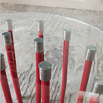 Дизайнерский журнальный стол с круглой прозрачной столешницей и основанием в виде красных металлических тросов Wires варинант исполнения - 5 | Loft Concept в Перми