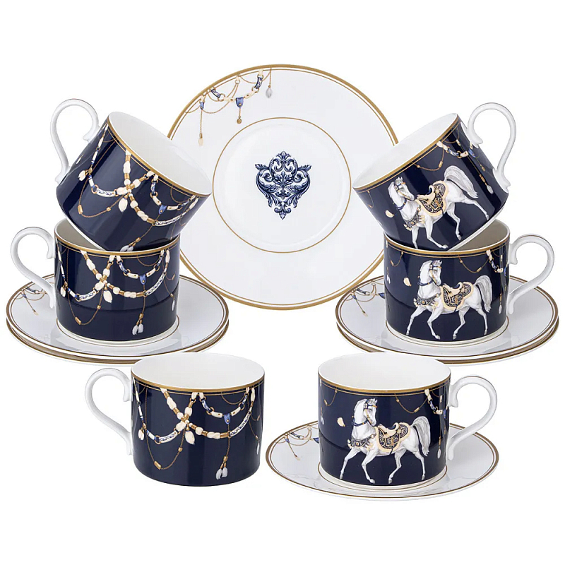 Чайный набор из фарфора с изображением лошадей на 6 персон 12 предметов Porcelain Horse Set Белый Синий в Перми | Loft Concept 