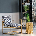Кресло с металлическим золотистым каркасом и мягкой обивкой с чёрно-белым принтом зебры Wild animals варинант исполнения - 5 | Loft Concept в Перми