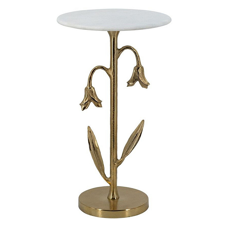 Столик с золотистым основанием в виде цветка и круглой мраморной столешницей Golden Snowdrop Золотой Белый в Перми | Loft Concept 